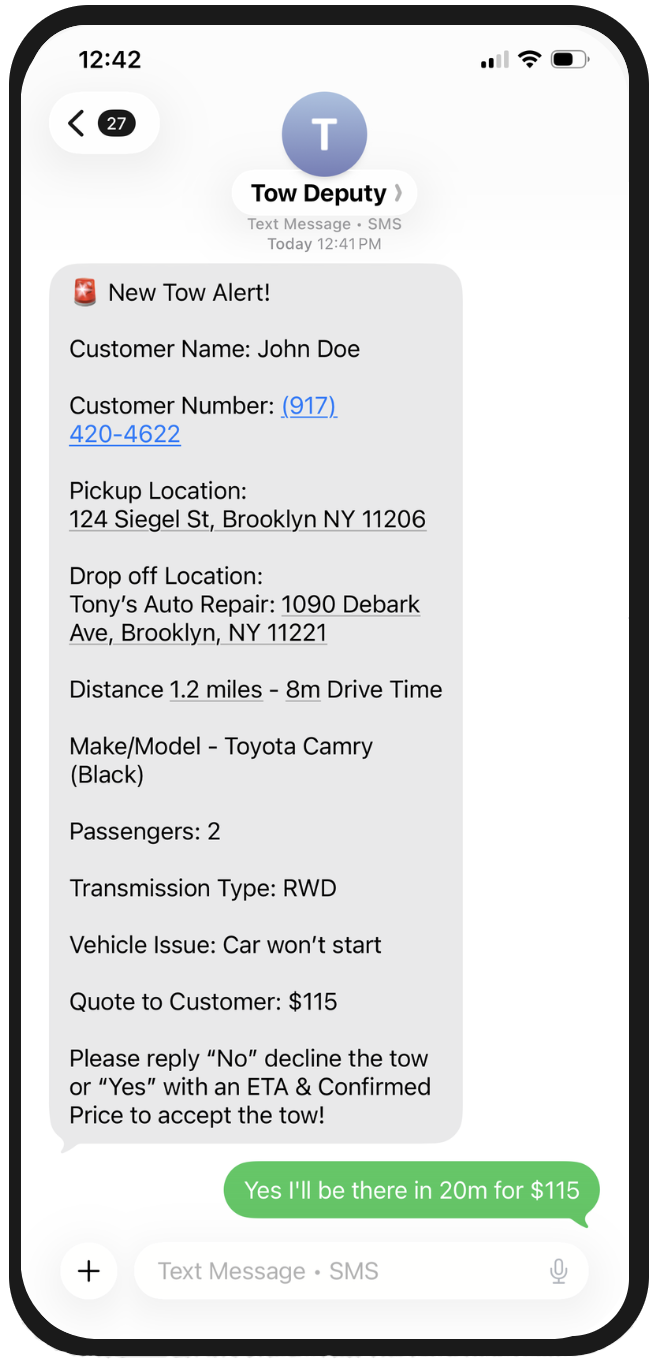 SMS Tow Alert on iPhone